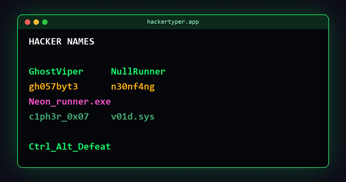 A list of hacker names: GhostViper, gh057byt3, Neon_runner.exe and more