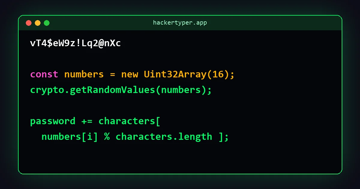 A random 16-character password with the JavaScript that picks characters using secure random numbers